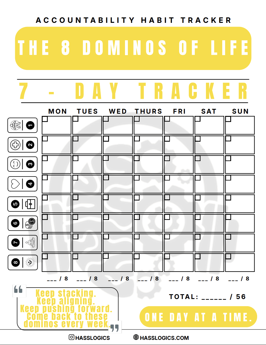 The 8 Dominoes Tracker daily scoring worksheet cover